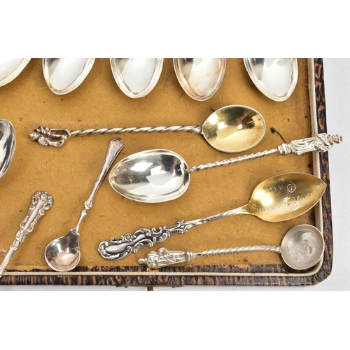 98 - AN ASSORTMENT OF SILVER SPOONS AND SUGAR TONGS, to include a set of six teaspoons with apostles to e... 