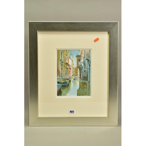 401 - SAVERIO DE BELLO (ITALY 1951), TWO VENETIAN CANAL VIEWS, signed bottom right, watercolours on paper,... 