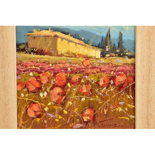 405 - BRUNO TINUCCI (ITALY 1947), an Italian farmhouse beyond a field of red flowers, signed bottom right,... 