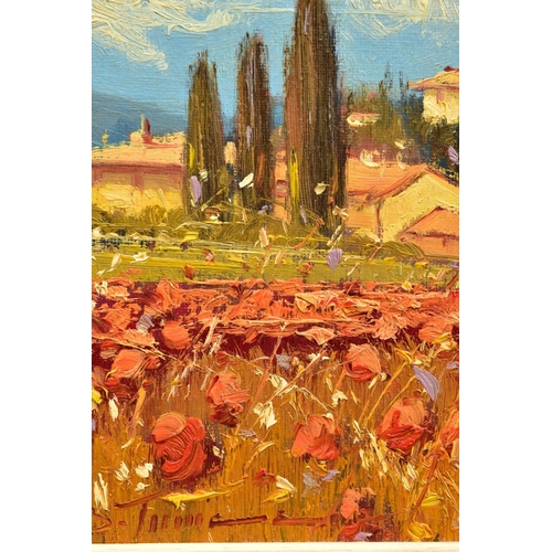 407 - BRUNO TINUCCI (ITALY 1947), an Italian landscape of wild flowers with farm house beyond, signed cent... 