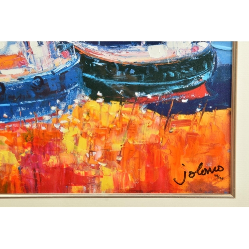 411 - JOHN LOWRIE MORRISON JOLOMO (SCOTTISH 1948) 'BEACHED BOATS', a signed hand embellished, limited edit... 