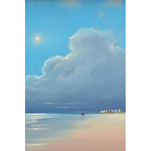 413 - BEN PAYNE (BRITISH 1975) 'SUMMER DAYS VI' TWO FIGURES WALKING ON A DESESERTED BEACH, colourful beach... 