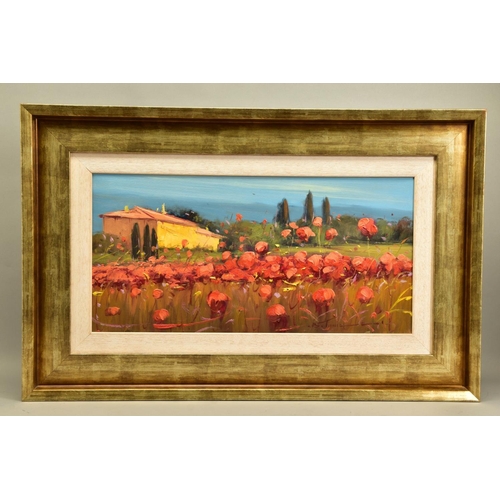 414 - BRUNO TINUCCI (ITALY 1947), an Italian farmhouse beyond a field of red flowers, signed bottom right,... 