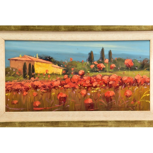 414 - BRUNO TINUCCI (ITALY 1947), an Italian farmhouse beyond a field of red flowers, signed bottom right,... 