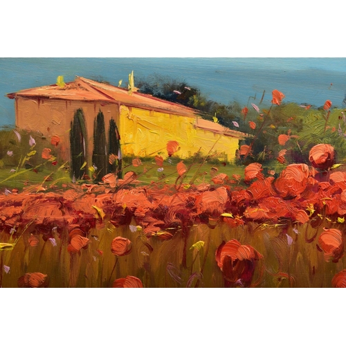 414 - BRUNO TINUCCI (ITALY 1947), an Italian farmhouse beyond a field of red flowers, signed bottom right,... 