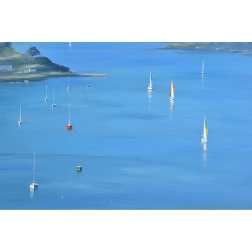 415 - BEN PAYNE (BRITISH 1975) 'HARBOUR VIEW', yachts at their moorings on a sunny day,  signed bottom rig... 