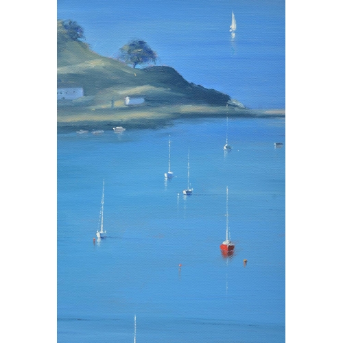 415 - BEN PAYNE (BRITISH 1975) 'HARBOUR VIEW', yachts at their moorings on a sunny day,  signed bottom rig... 