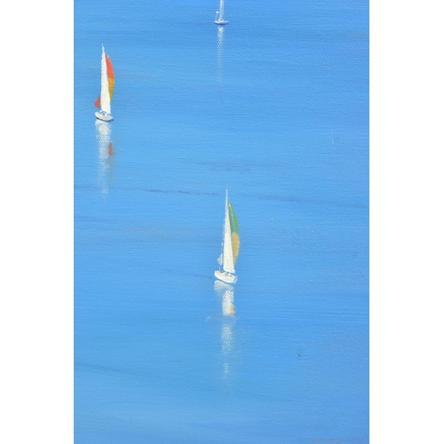 415 - BEN PAYNE (BRITISH 1975) 'HARBOUR VIEW', yachts at their moorings on a sunny day,  signed bottom rig... 