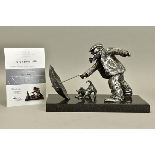 419 - GEORGE SOMERVILLE (SCOTLAND 1947) 'BLOWN AWAY', a limited edition aluminium sculpture of a man and h... 