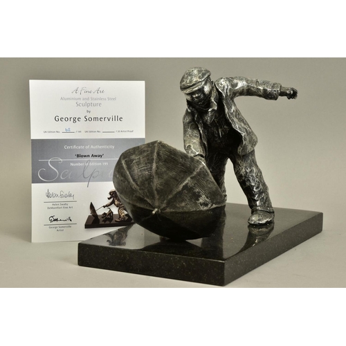 419 - GEORGE SOMERVILLE (SCOTLAND 1947) 'BLOWN AWAY', a limited edition aluminium sculpture of a man and h... 