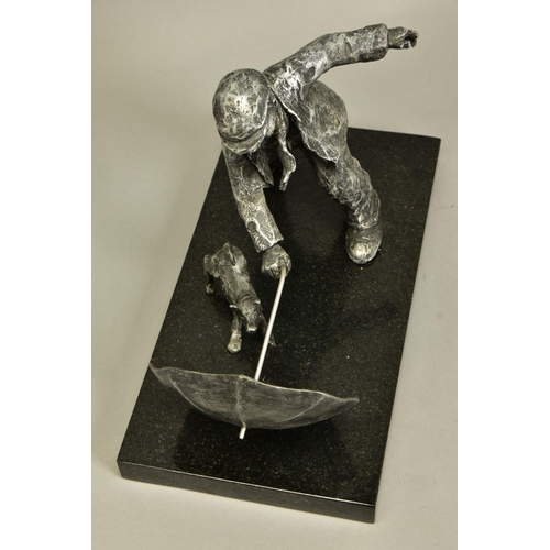 419 - GEORGE SOMERVILLE (SCOTLAND 1947) 'BLOWN AWAY', a limited edition aluminium sculpture of a man and h... 