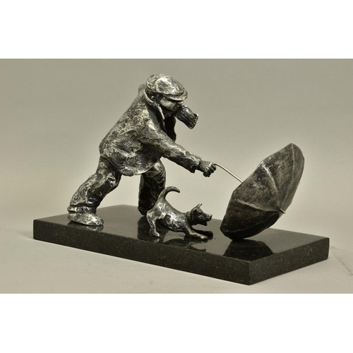 419 - GEORGE SOMERVILLE (SCOTLAND 1947) 'BLOWN AWAY', a limited edition aluminium sculpture of a man and h... 