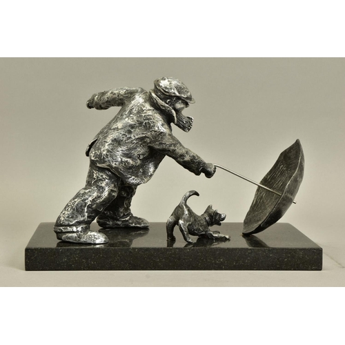 419 - GEORGE SOMERVILLE (SCOTLAND 1947) 'BLOWN AWAY', a limited edition aluminium sculpture of a man and h... 