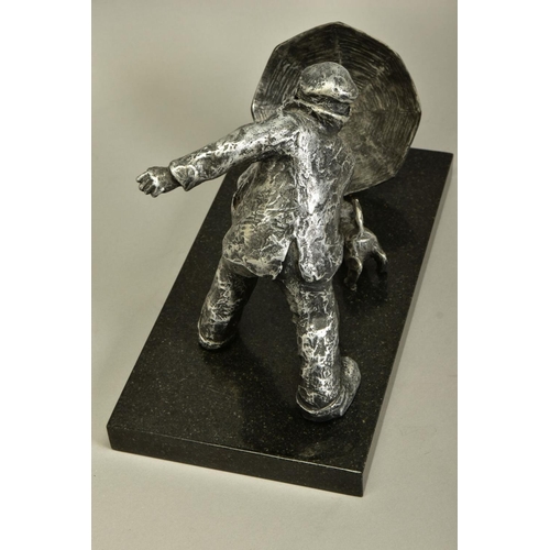 419 - GEORGE SOMERVILLE (SCOTLAND 1947) 'BLOWN AWAY', a limited edition aluminium sculpture of a man and h... 