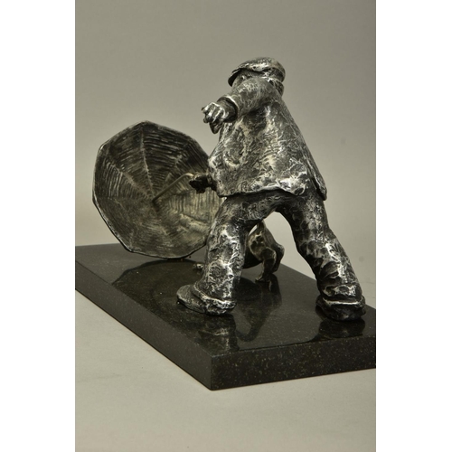 419 - GEORGE SOMERVILLE (SCOTLAND 1947) 'BLOWN AWAY', a limited edition aluminium sculpture of a man and h... 