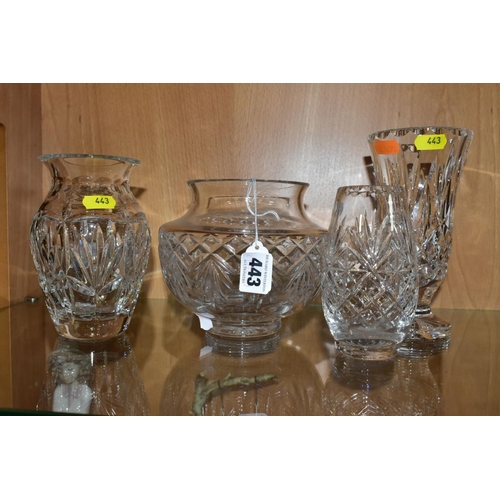 443 - THREE WATERFORD CRYSTAL VASES AND A THOMAS WEBB VASE, including two Waterford Nocturne examples, tal... 