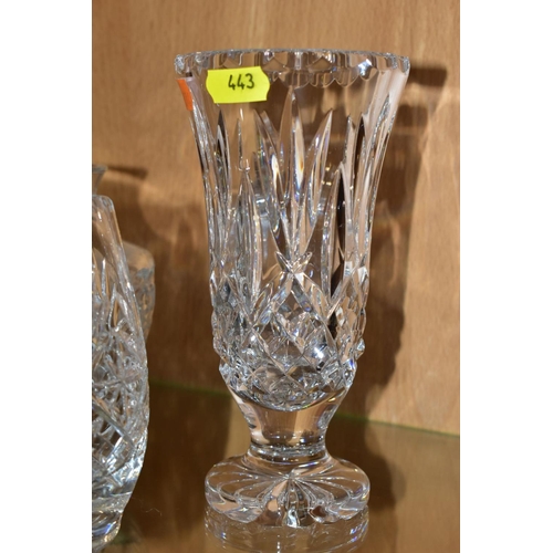 443 - THREE WATERFORD CRYSTAL VASES AND A THOMAS WEBB VASE, including two Waterford Nocturne examples, tal... 