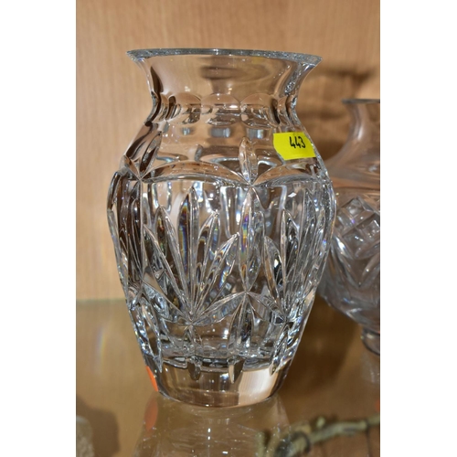 443 - THREE WATERFORD CRYSTAL VASES AND A THOMAS WEBB VASE, including two Waterford Nocturne examples, tal... 