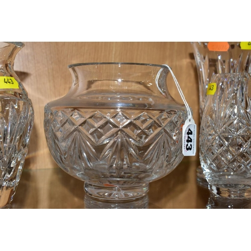 443 - THREE WATERFORD CRYSTAL VASES AND A THOMAS WEBB VASE, including two Waterford Nocturne examples, tal... 