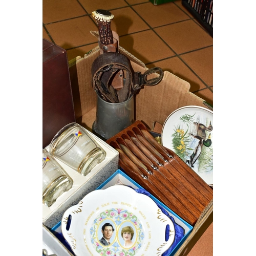 690 - A BOX OF CERAMICS, GLASS, METALWARES AND SUNDRY ITEMS, to include a leather cased Backgammon set, a ... 