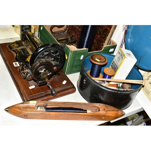 692 - SEWING ACCESSORIES ETC, to include a Varley & Wolfenden Family sewing machine, box of seven reels of... 