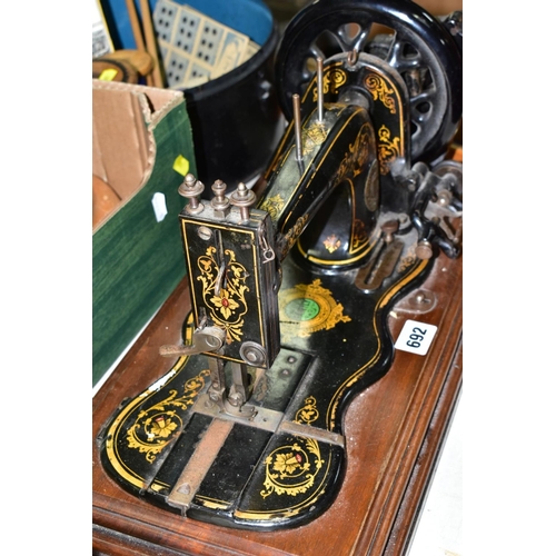 692 - SEWING ACCESSORIES ETC, to include a Varley & Wolfenden Family sewing machine, box of seven reels of... 