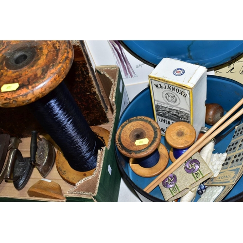 692 - SEWING ACCESSORIES ETC, to include a Varley & Wolfenden Family sewing machine, box of seven reels of... 