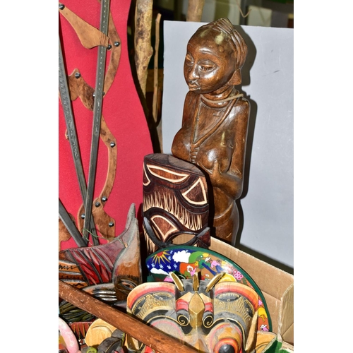 694 - TWO BOXES AND LOOSE TRIBAL AND ETHNOGRAPHIC ITEMS ETC, to include carved wooden African figures and ... 