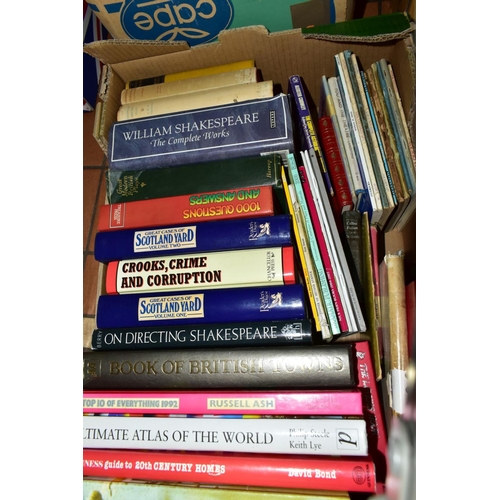 695 - FIVE BOXES OF RECORDS, BOOKS AND EPHEMERA ETC, records include 'Living Shakespeare' a five volume co... 