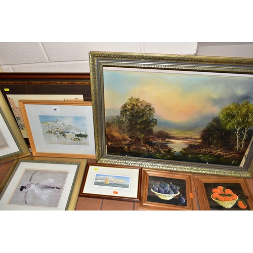 697 - MODERN DECORATIVE PRINTS AND WALL HANGINGS ETC, to include a signed Peter Basham yachting print, thr... 