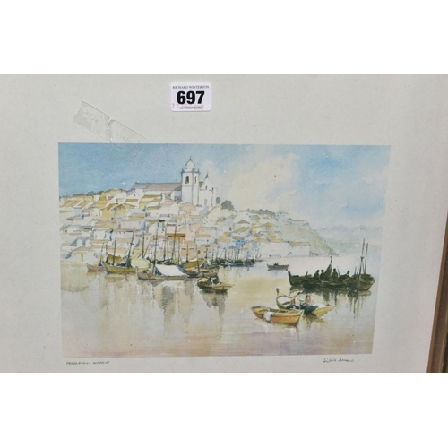 697 - MODERN DECORATIVE PRINTS AND WALL HANGINGS ETC, to include a signed Peter Basham yachting print, thr... 