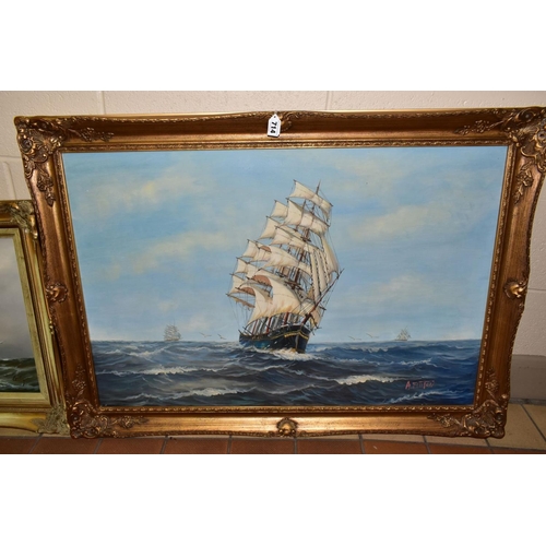 714 - TWO MARITIME THEMED OIL PAINTINGS, COMPRISING,  A. FULTON (20TH CENTURY) a three mast square rigged ... 