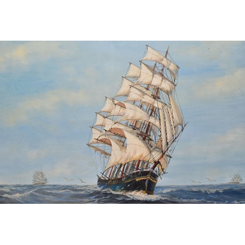 714 - TWO MARITIME THEMED OIL PAINTINGS, COMPRISING,  A. FULTON (20TH CENTURY) a three mast square rigged ... 