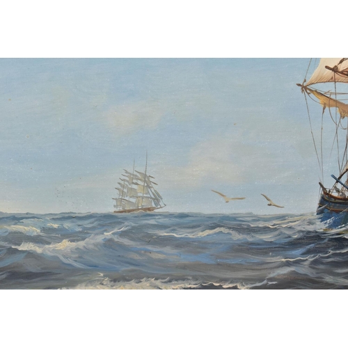 714 - TWO MARITIME THEMED OIL PAINTINGS, COMPRISING,  A. FULTON (20TH CENTURY) a three mast square rigged ... 