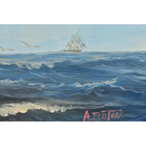 714 - TWO MARITIME THEMED OIL PAINTINGS, COMPRISING,  A. FULTON (20TH CENTURY) a three mast square rigged ... 