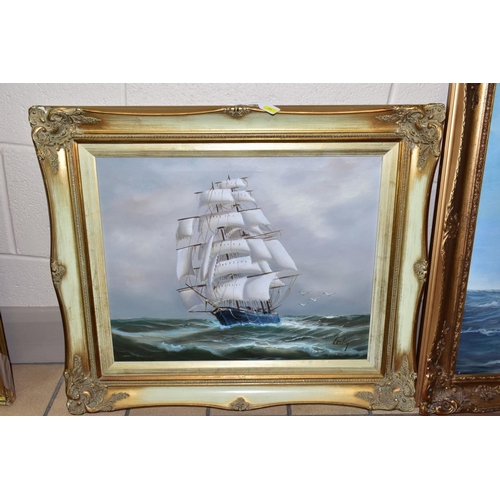 714 - TWO MARITIME THEMED OIL PAINTINGS, COMPRISING,  A. FULTON (20TH CENTURY) a three mast square rigged ... 