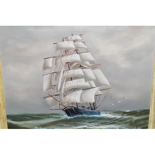 714 - TWO MARITIME THEMED OIL PAINTINGS, COMPRISING,  A. FULTON (20TH CENTURY) a three mast square rigged ... 