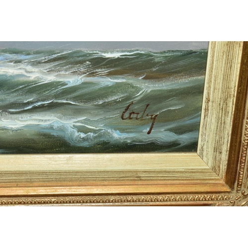 714 - TWO MARITIME THEMED OIL PAINTINGS, COMPRISING,  A. FULTON (20TH CENTURY) a three mast square rigged ... 