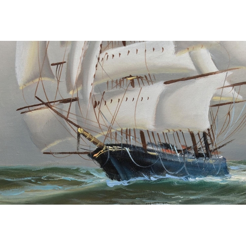 714 - TWO MARITIME THEMED OIL PAINTINGS, COMPRISING,  A. FULTON (20TH CENTURY) a three mast square rigged ... 