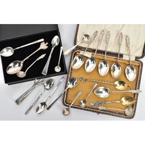 98 - AN ASSORTMENT OF SILVER SPOONS AND SUGAR TONGS, to include a set of six teaspoons with apostles to e... 