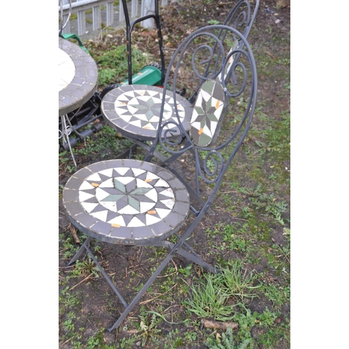 1203 - A MODERN TILED TOP GARDEN TABLE with metal frames 60cm in diameter and two matching chairs (3)