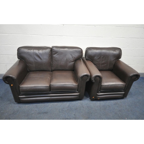 1644 - A THOMAS LLOYD BROWN LEATHER THREE PIECE LOUNGE SUITE, comprising a two seater sofa, armchair and po... 