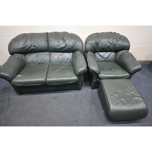 1645 - A GREEN LEATHER THREE PIECE LOUNGE SUITE, comprising a two seater settee, length 150cm, armchair and... 