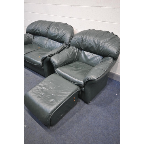 1645 - A GREEN LEATHER THREE PIECE LOUNGE SUITE, comprising a two seater settee, length 150cm, armchair and... 