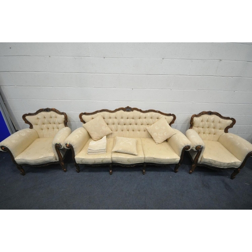 1648 - A REPRODUCTION ITALIAN THREE PIECE LOUNGE SUITE, comprising a three seater sofa, and a pair of armch... 