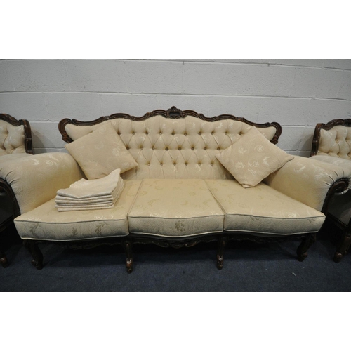 1648 - A REPRODUCTION ITALIAN THREE PIECE LOUNGE SUITE, comprising a three seater sofa, and a pair of armch... 