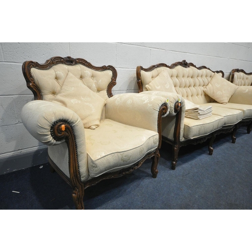 1648 - A REPRODUCTION ITALIAN THREE PIECE LOUNGE SUITE, comprising a three seater sofa, and a pair of armch... 