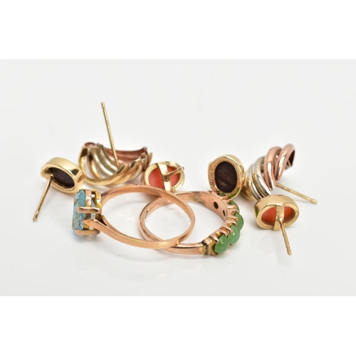 10 - AN ASSORTMENT OF GOLD AND YELLOW METAL JEWELLERY, to include a pair of coral earrings set in yellow ... 