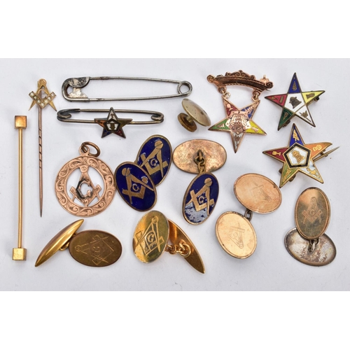 21 - AN ASSORTMENT OF MASONIC PINS, to include a rose gold open work masonic pendant, hallmarked 9ct gold... 