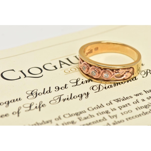 24 - A 9CT GOLD CLOGAU LIMITED EDITION TRILLOGY RING, three round brilliant cut diamonds, bezel set in ro... 